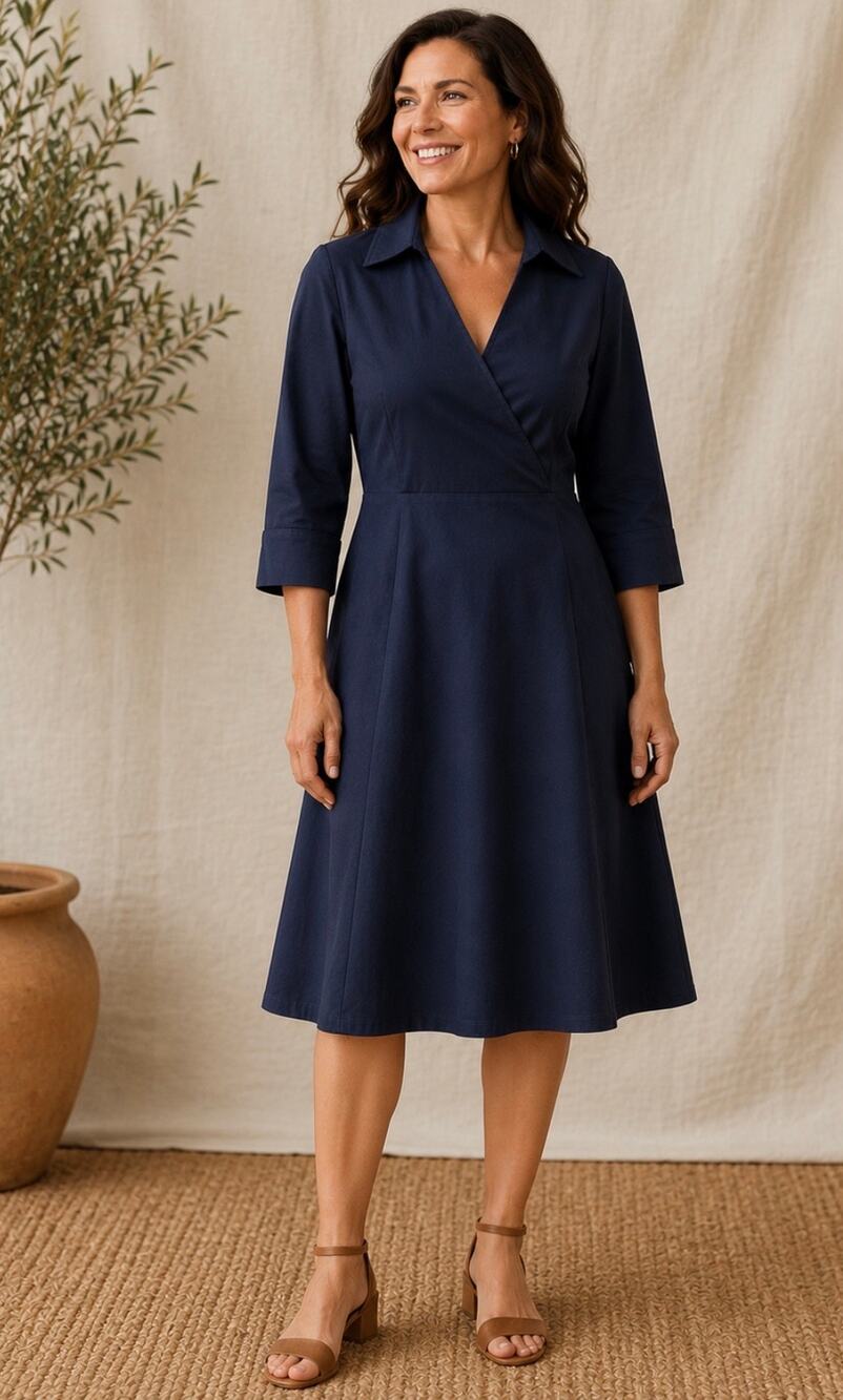 MIUSOL Cotton Blend Faux Wrap Midi Dress Women's Size XL Navy Blue NWT